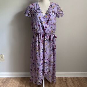 Short Sleeve Floral Wrap Dress Pastel Purple